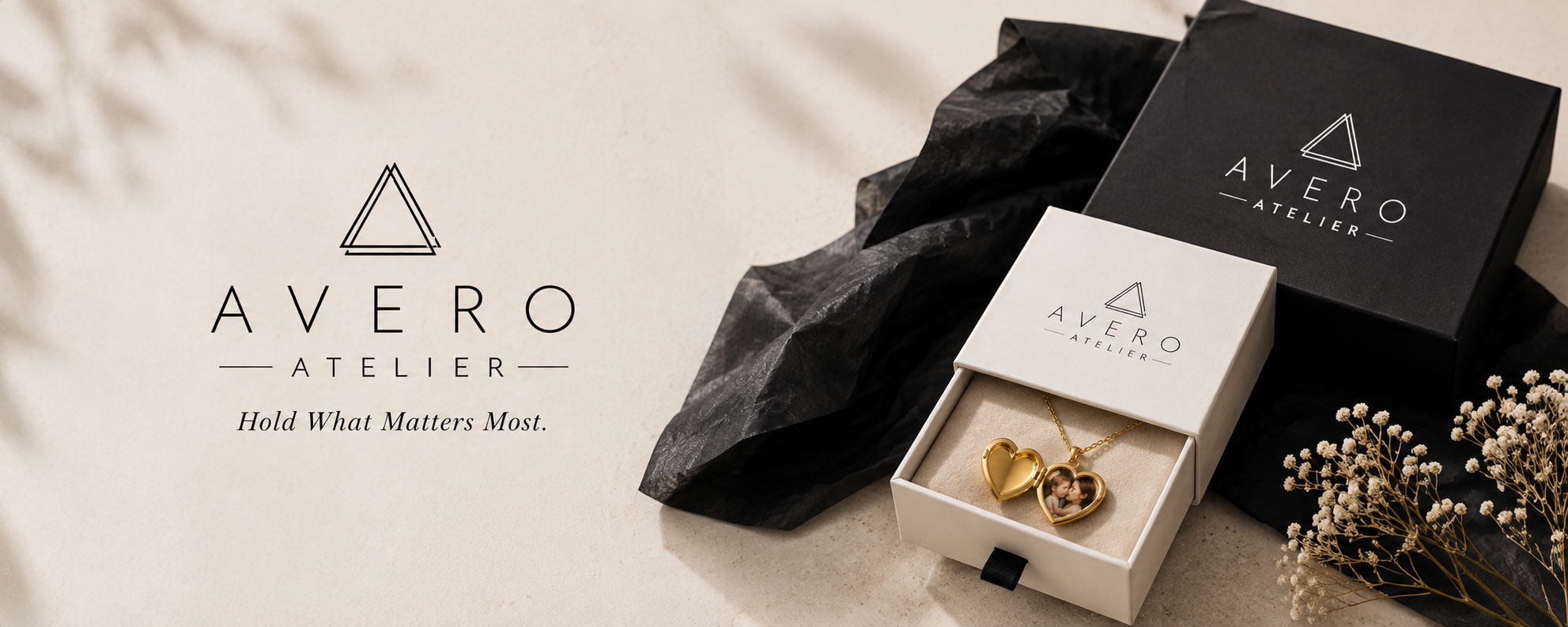 Avero Atelier heart locket presented in signature black and white gift packaging — Hold What Matters Most