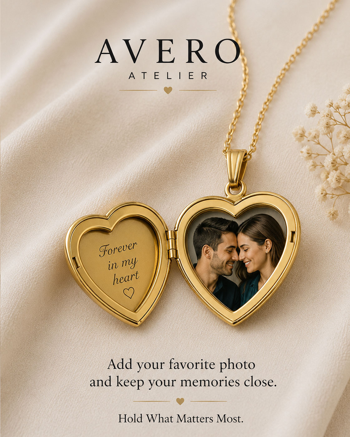 Open Avero heart locket holding a couple's photo with a 'Forever in my heart' engraving