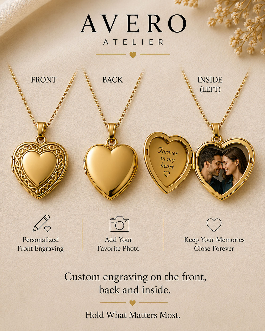 Avero heart locket showing front, back and inside hand-engraving options