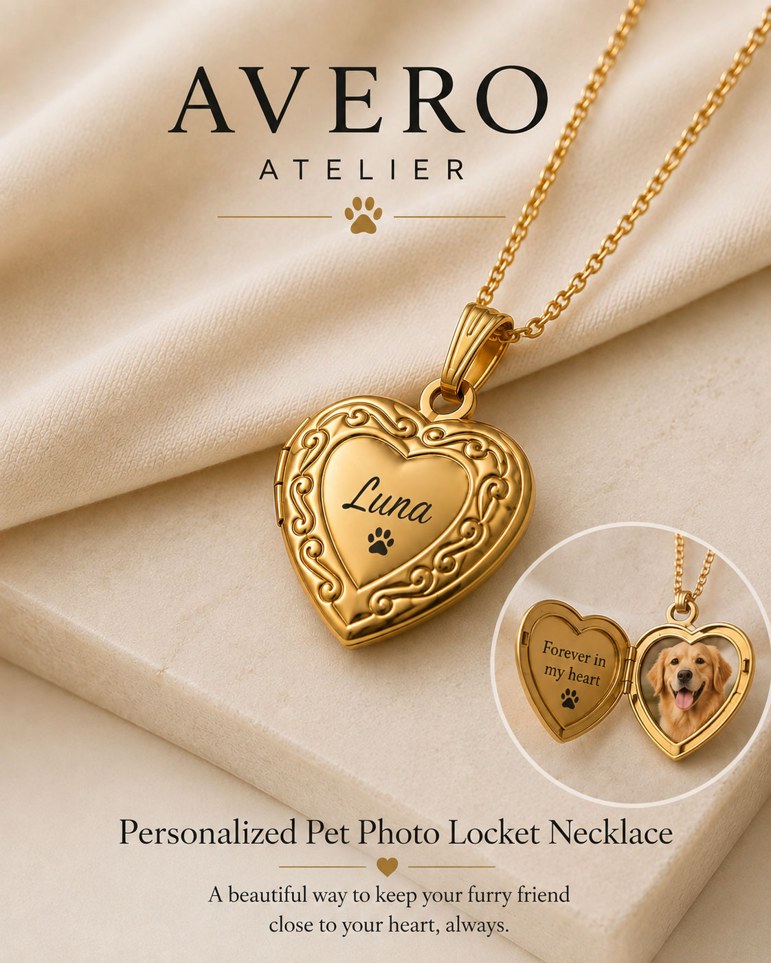 Avero personalised pet photo heart locket necklace engraved with a pet's name
