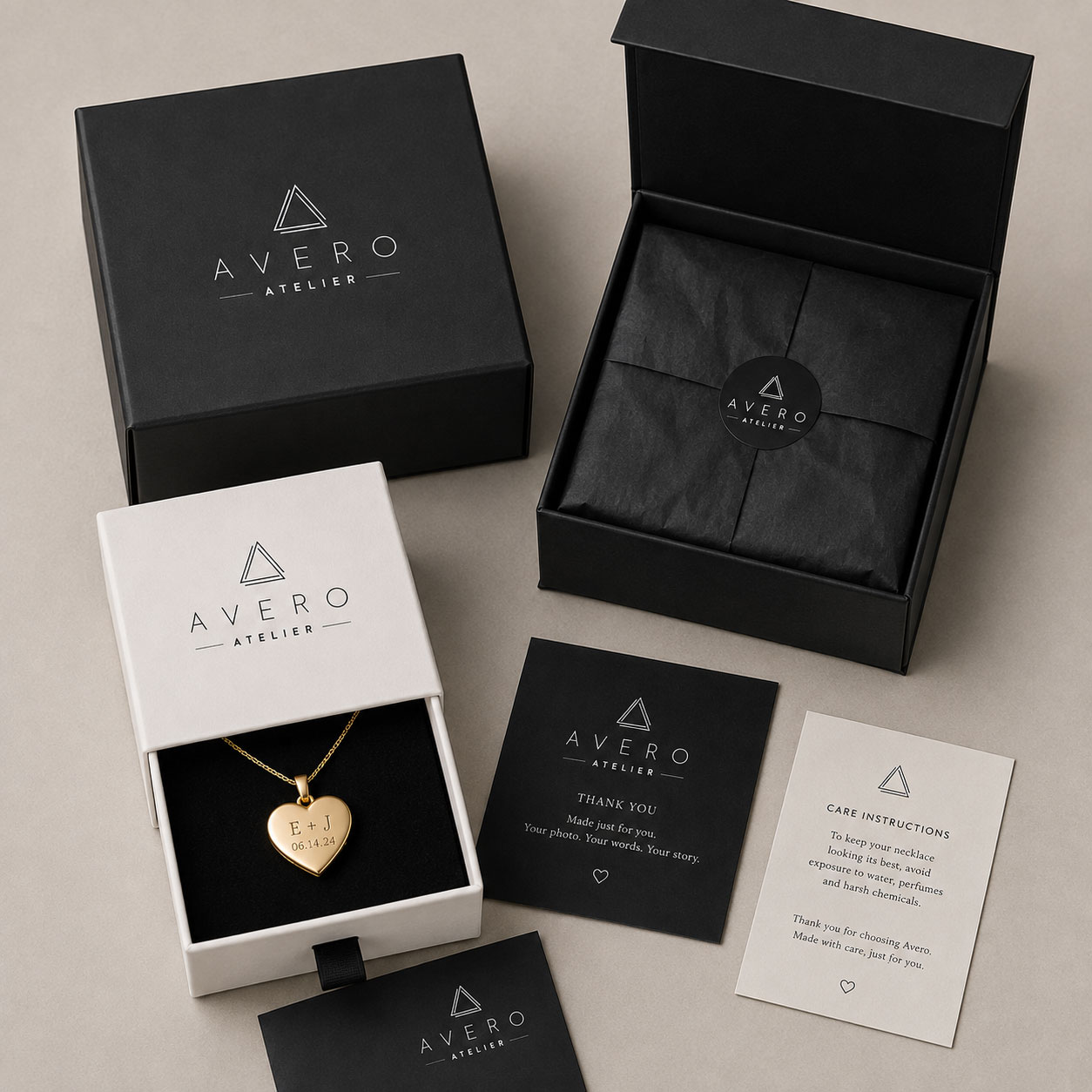 Avero Atelier heart locket with signature packaging